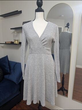 SHEIN Light Gray Ribbed Wrap Skater Dress